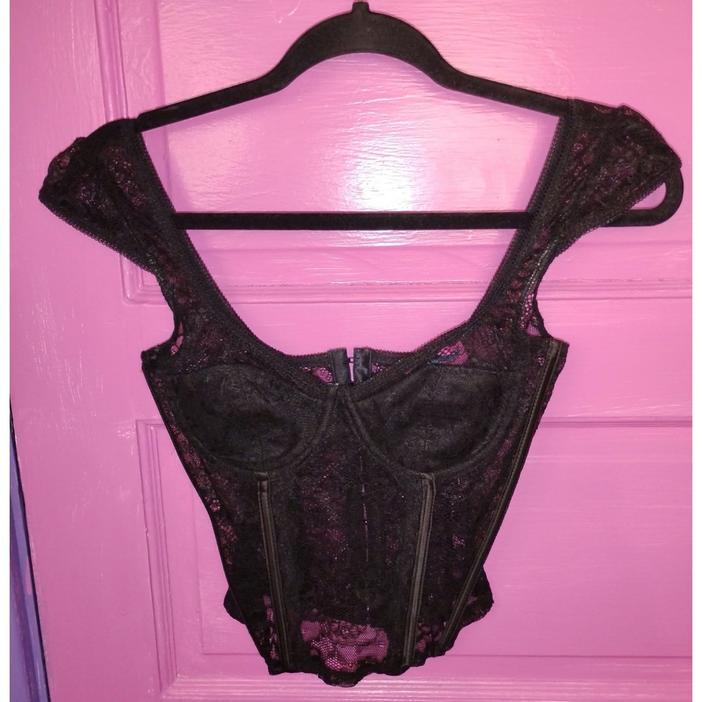 Edikted Rita Black Lace Corset Top Cap Sleeves Whimsigoth Dark Fairy Goth XS